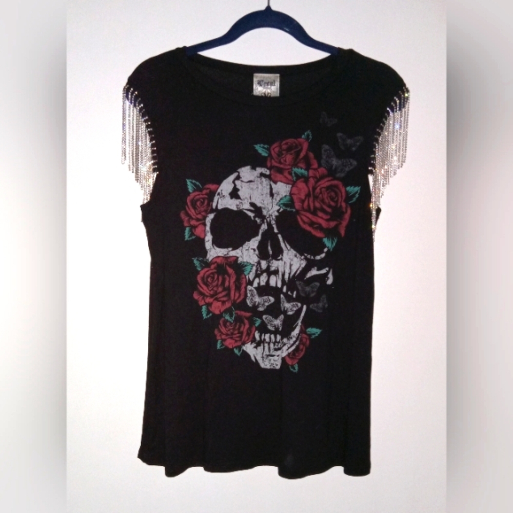 Rose-Skull Tank Top with Rhinestone Fringe Size S
